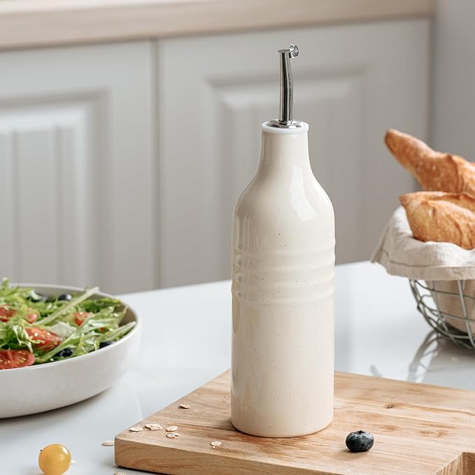 famiware Jupiter 16oz Ceramic Olive Oil Dispenser Bottle, 1 Piece Oil Dispenser for Kitchen with Stainless Steel Pourers, Suitable for Storage Vinegar, Soy Sauce, Coffee Syrup, Vanilla White