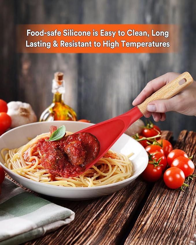 Cooking Spoon for Nonstick Cookwares, Great for Cooking and Serving Sturdy BPA-Free Matte Silicone, Wood Handle Spoon for Mixing, Scoop, and Scrape (2 Pack of Red, 11.4 inch)