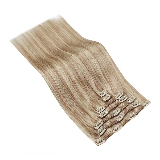 Ve Sunny Clip in Hair Extensions Real Human Hair Highlights Human Hair Clip in Extensions Dark Ash Blonde Highlights Light Blonde Real Hair Extensions Clip in Human Hair Comfortable 7pcs 20inch 120g
