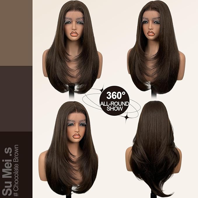 Glueless Synthetic Lace Front Wig 26 Inches Long Straight Wigs for Black Women 13x5x1 HD Lace Hand Tied Pre Plucked Hairline (#4 Chocolate Brown, 26 Inch)