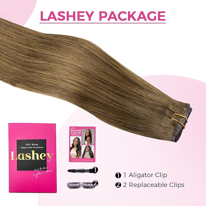 Lashey Seamless Clip in Hair Extensions Human Hair, 4pcs 48g Medium Brown 20 Inch, Straight Hair Extensions Real Human Hair with PU Soft Invisi Edge