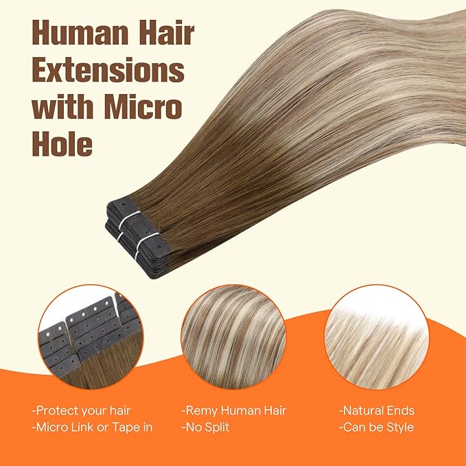 Full Shine Human Hair Tape in Extensions 20Inch Color 3 Dark Brown to 8 Ash Brown and 22 Blonde 20PCS 50G Ombre Hair Extensions Tape in with Holes Invisible Seamless for Thin Hair PU Weft