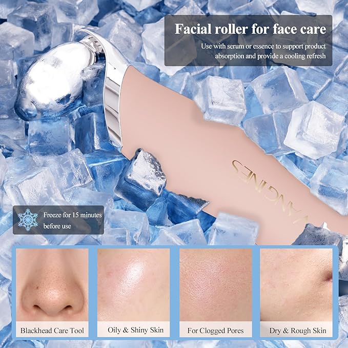Blackhead Scraper Tool & Skin Scrubber Face Spatula for Blackhead Removal, Pore Cleaning, with Cooling Ice Roller & 2 Silicone Brush Heads (Dusty Rose)