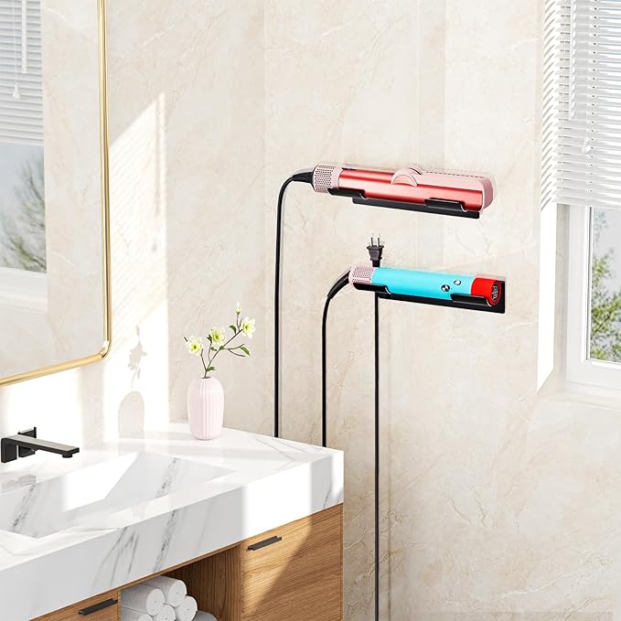 2 PCS Wall Mount Curling Iron Holder and Hair Tool Organizer with Adhesive, Multifunctional Hot Flat Iron and Hair Straightener Holder Storage Stand for Vanity, Cabinet and Wall, Black