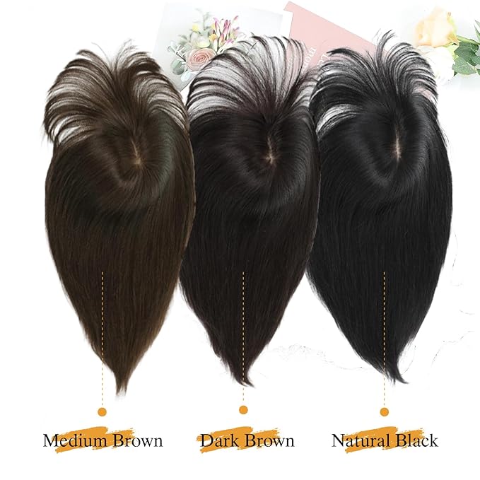 YAMI Hair Toppers for Women Real Human Hair Topper with Bangs Skin Scalp Hairpieces for Women with Thinning Hair Cover Hairloss (Medium Brown,15inch)
