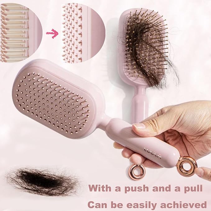 Retractable Cushion Massage Comb for Wet & Dry Hair, Anti-Static Self Cleaning Hair Brush for All Hair Types, Soft Bristles, Easy Eliminates Knots, Detangling Hairbrush for Women Men (Pink + White)