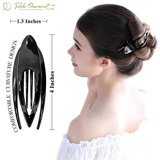 RC ROCHE 6 Pcs Flat Hair Clips Big Claw for Thick Hair French Duckbill Women No Slip Side Slide Curved Alligator Concord Strong Grip Hold Volume Lay Down Clamp, Medium Black