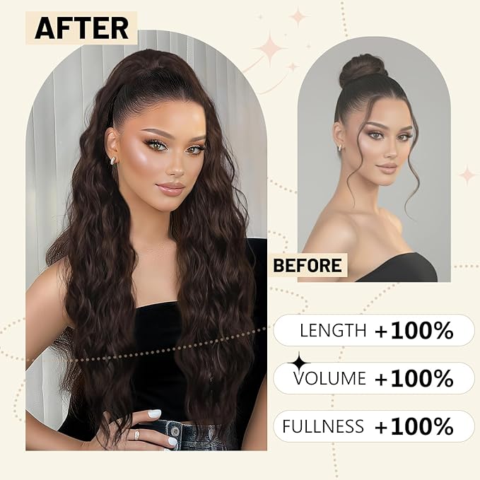 LEEONS 26 inch Drawstring ponytail Extension, Long Wavy pony tails hair extensions for Women - Synthetic Hairpiece Ponytail for Daily Use (Dark Brown)