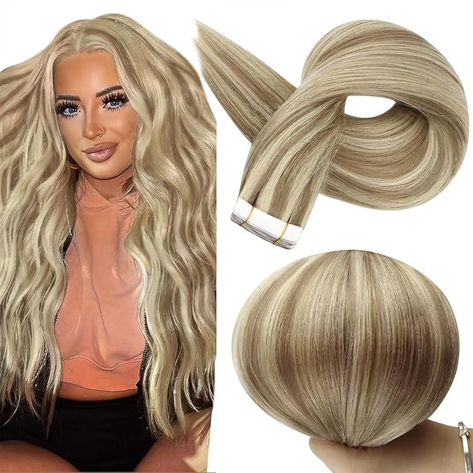 Full Shine Blonde Tape in Hair Extensions Human Hair 14 Inch Double Sided Tapes in Extensions Golden Blonde Highlighted Medium Blonde Tape in Human Hair Extensions for Women 50 Gram 20Pcs