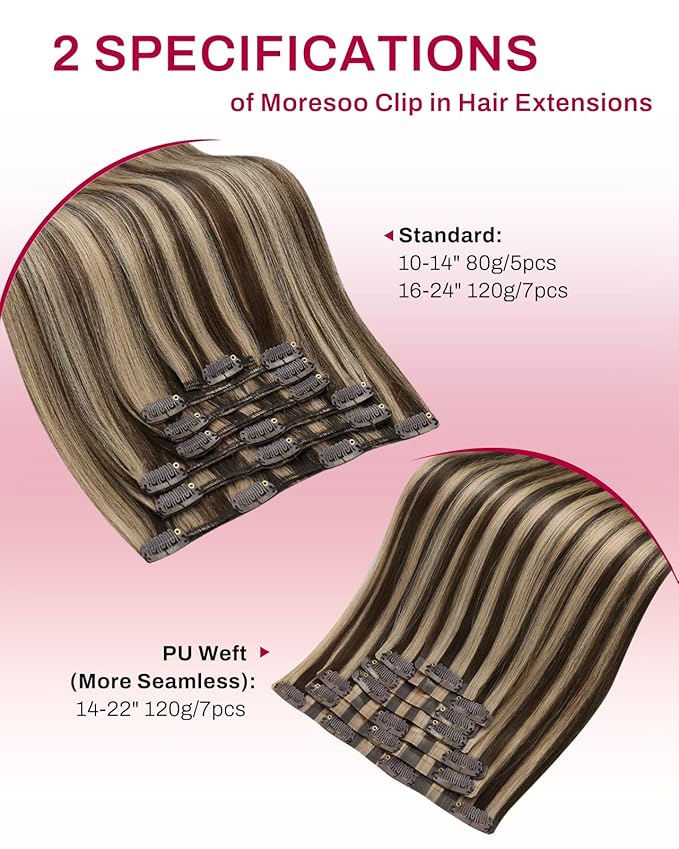Moresoo Clip in Hair Extensions Remy Double Weft Human Hair Clip in Extensions Straight Hair Extensions for Women Dark Brown Highlight with Caramel Blonde 7pcs 120g 24inch