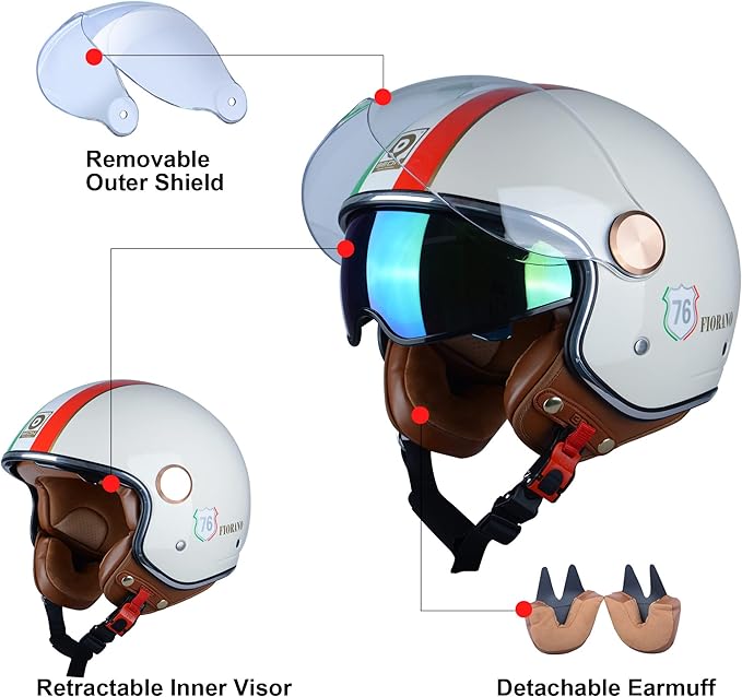 Open Face Motorcycle Helmet for Adults, DOT Approved,3/4 Retro Vespa Helmet, Dual Visors Men's and Women's Motorbike Casco for Moped Cruiser Bobber and Chopper