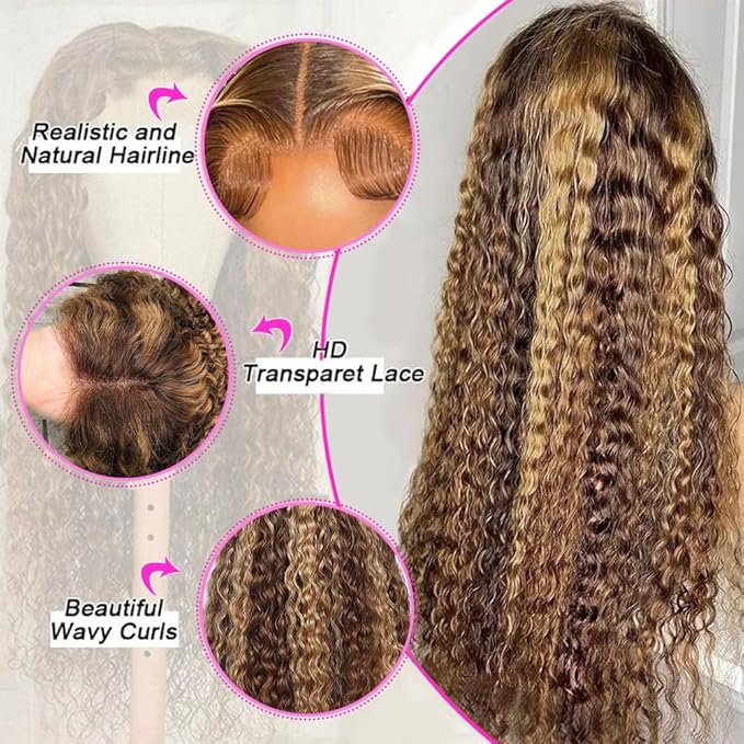 30inch Highlight Ombre Lace Front Wig Human Hair 13x6 HD Honey Blonde 4/27 Deep Wave Lace Frontal Wigs Glueless Wigs Human Hair (Highlight Ombre Lace Front Wig, 4/27 blonde wig-32 inch, deep wave)