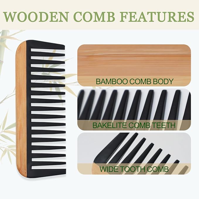 2 Pcs Bamboo Wide Tooth Comb - Anti-Static Wooden Wide Tooth Comb for Women, Detangling Hair Comb for Curly/Wet/Thick Hair with Bakelite Teeth
