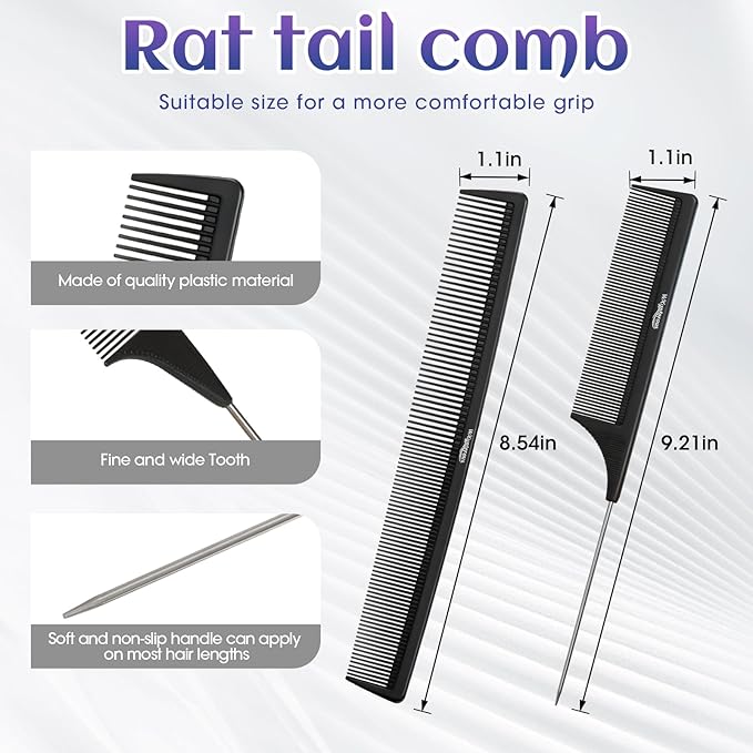2Pcs Combs for Women and Men，Professional Black Carbon Fiber Teasing Comb，Combs for Hair Stylist, Fine and Wide Tooth Styling Comb for All Hair Types（Style 2）