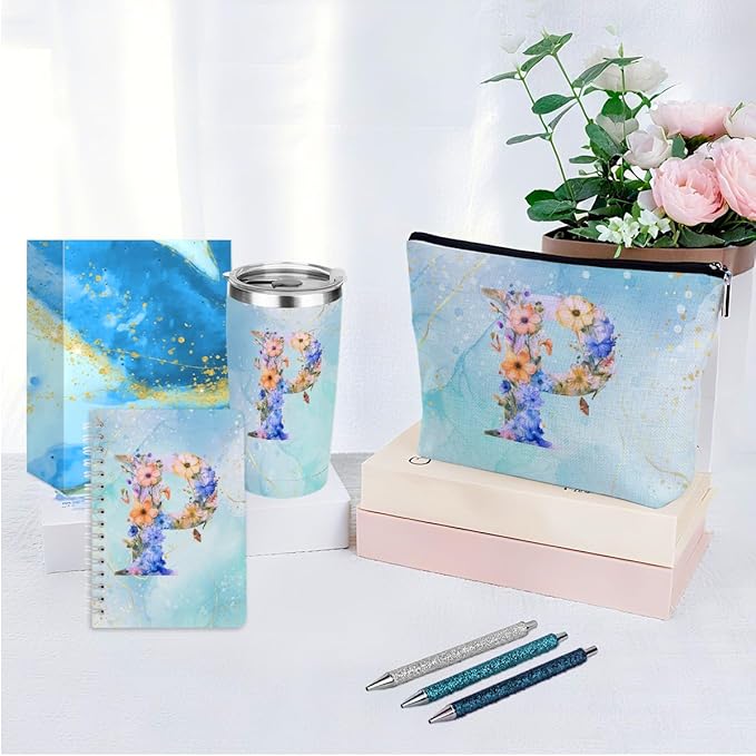 Personalized Gifts Monogrammed Birthday Gifts for Women, Mommy, Female Going Away Christmas, Initial 20 oz Tumbler, Makeup Cosmetic Bag Cup Pens Journal Notebook 6 Set, (Aesthetic Blue Flower P)