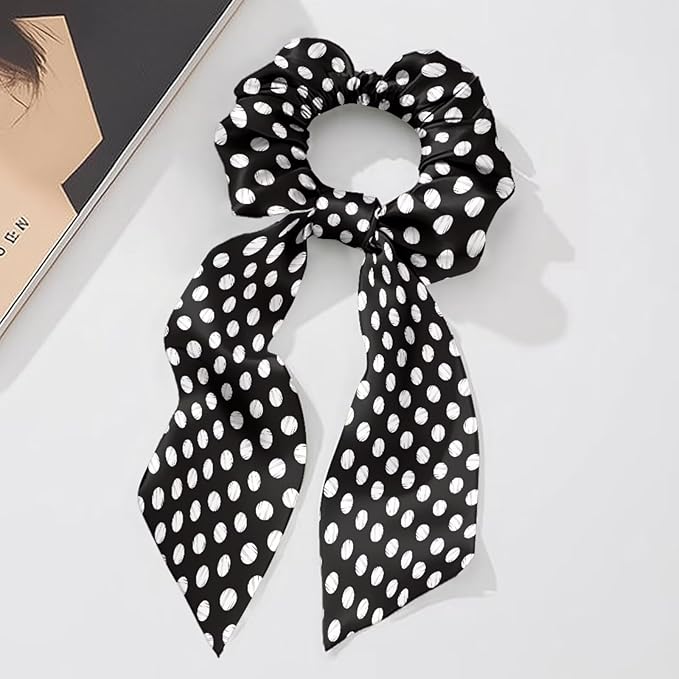 White Black Ribbon Bow Elastic Hair Ties for Women 2 Pack Polka Dot Knotted Bow for Women Travel No Damage Scarf Scrunchy for Thick Hair