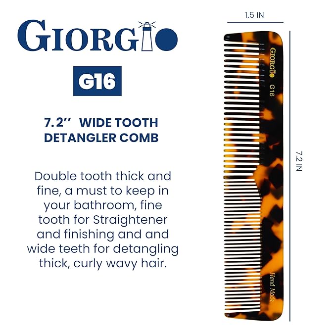 Giorgio G16 Fine and Wide Tooth Handmade Hair Comb - Detangling Styling Barber Comb for Men and Women - Saw Cut Detangler