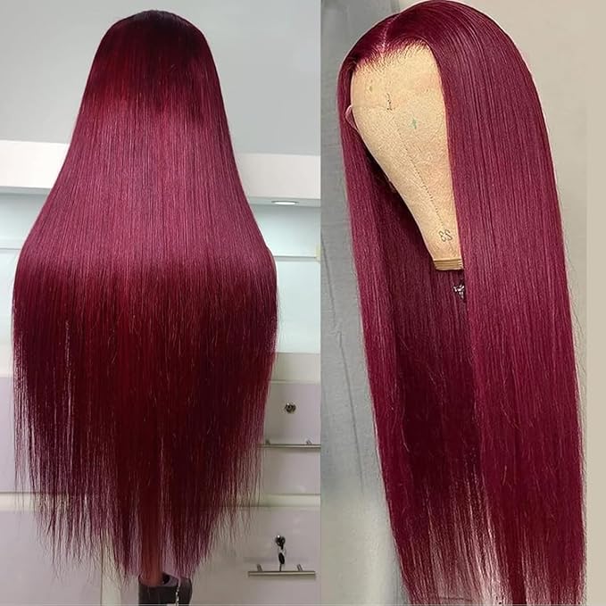13x6 Straight Burgundy HD Lace Front Wigs Human Hair Red Lace Frontal Wigs Human Hair Pre Plucked Straight Glueless Wigs Human Hair Pre Plucked 200 Density 26 Inch