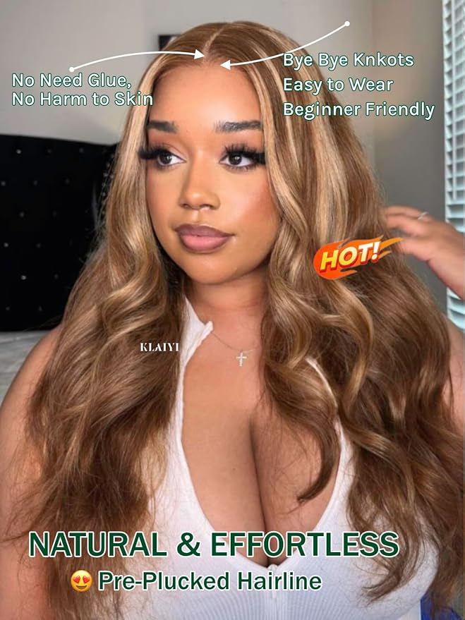 KLAIYI Bye Bye Knots Glueless Wig Highlight Blonde Body Wave Pre Cut 7x5 HD Lace Front Wigs Human Hair Pre Plucked Pre Bleached Pre Everything Wear and Go Wig 12A Ombre Brown 30S Ready To Wear 16Inch