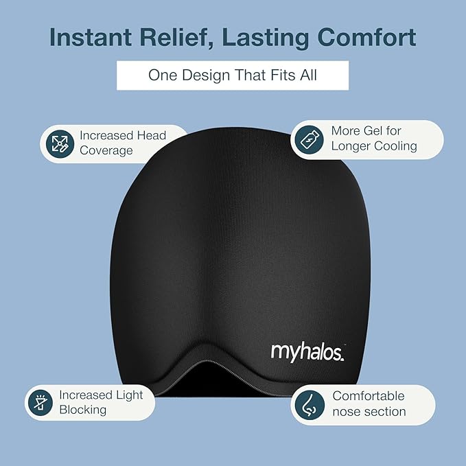 MyHalos® Migraine Relief Cap, 30% Thicker, 2X More Cooling Gel, Stays Colder for Longer, Ice Hat, Ice Pack Head Wrap, Cold Headaches & Migraine Mask - Hangover, Tension Headache Relief Cap (Black)