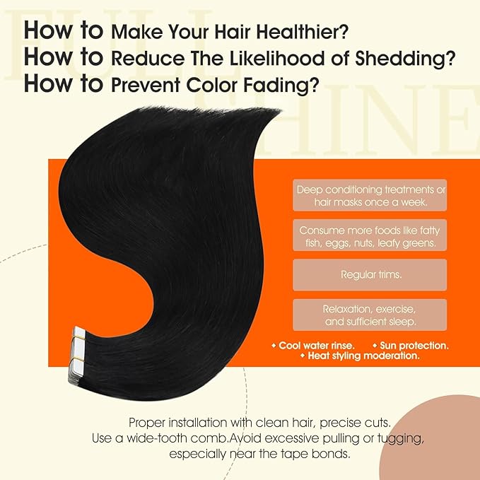 Full Shine Tape in Hair Extensions Human Hair 14Inch Black Remy Human Hair Extensions Invisible Color 1B Natural Tape in Extensions Real Human Hair 20Pcs 50G Double Sided Hair Extension Tape ins