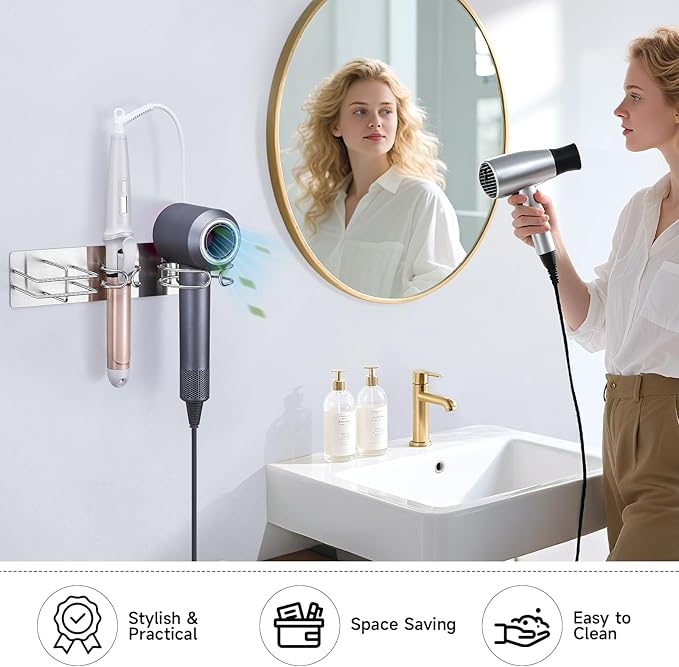 Blow Dryer Holder Wall Mounted Curling Iron Holder, 3 in 1 Hair Tool Organizer for Straightener, Curling Iron, Hair Dryer Holder Adhesive Flat Irons Storage for Bathroom Barber Shop (Silver)