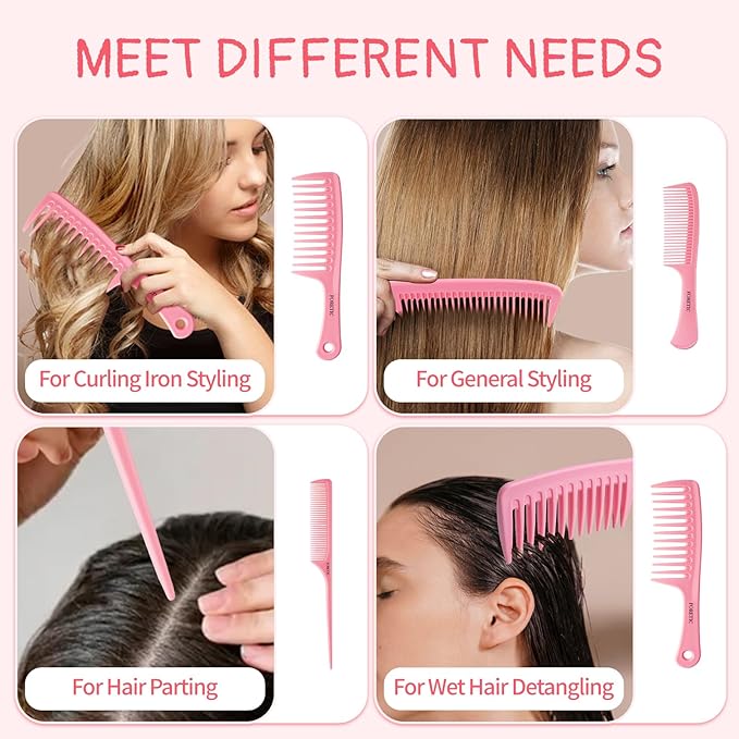 Hair Comb 3-in-1 Plastic Hair Comb Set For Women, Men - Wide Tooth, Rat Tail, and Regular Tooth Detangling Hair Combs for All Hair Types-Pink