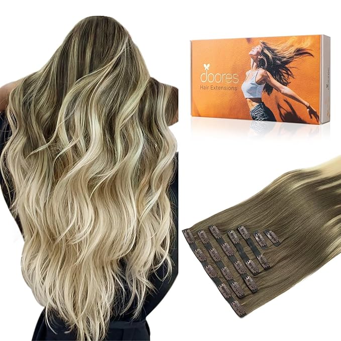 DOORES Seamless Clip in Hair Extensions, Ash Brown to Platinum Blonde, 18 Inch, 130g, 7pcs, Human Hair Extensions, Remy Natural Hair, Seamless Weft, Thick Hair, Invisi Edge