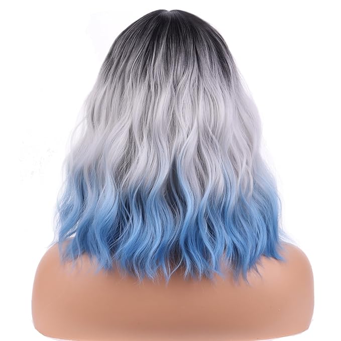 BERON 14 Inches Blue Wig with Bangs Short Bob Curly Wigs Silver Blue Wigs for Women Girls