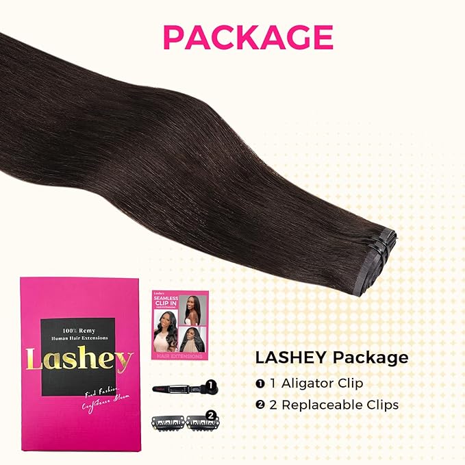 Lashey Seamless Clip in Hair Extensions Human Hair #2 Dark Brown Light Yaki Straight Clip in Extensions Real Human Hair 7pcs 110g 24 Inch PU Weft Natural Hair Extensions for Women