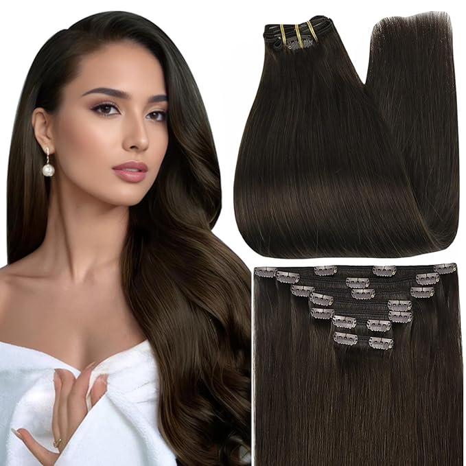 Full Shine Brown Clip in Hair Extensions 26 Inch Dark Brown Extensions Clip ins Human Hair for Homecoming for Teen Girls 7 Pcs 150 G