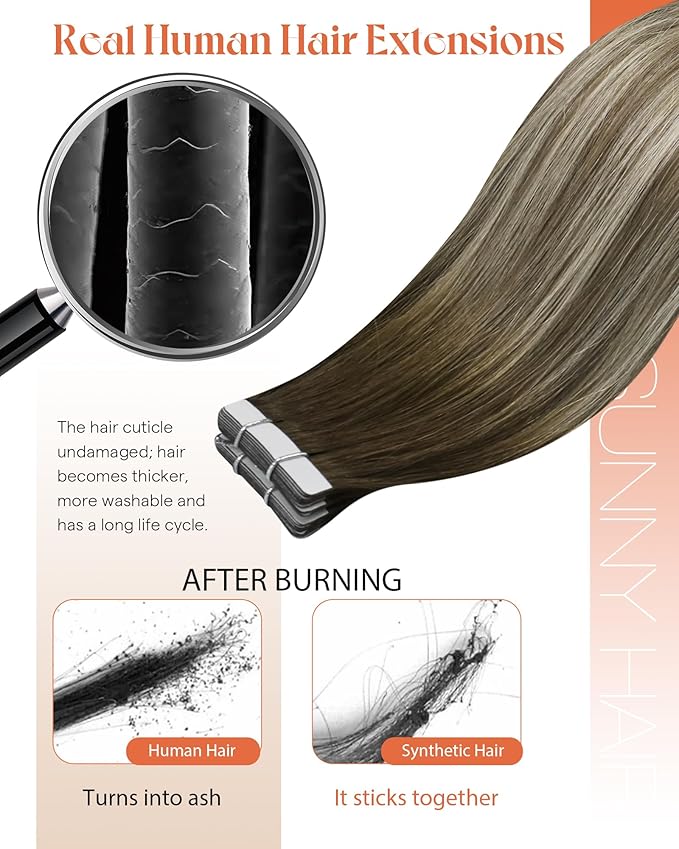 Sunny Hair Tape in Hair Extensions Human Hair 24 Inch Hair Extensions Real Human Hair Tape in Extensions for Women Cool Brown to Light Brown Balayage Blonde Invisible Remy Hair Skin Weft 20Pcs 50g