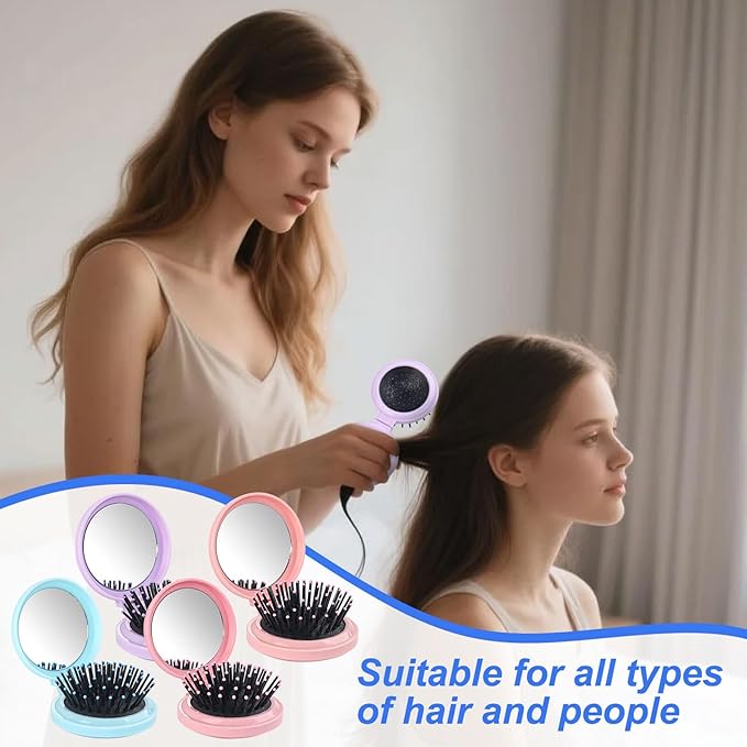 4 Colors Folding Mirror Hairbrush, 2 in 1 Compact Pocket Mirror Comb with DIY Stickers, Round Mini Pocket Makeup Mirror for Travel Women Girls (20 Pcs)