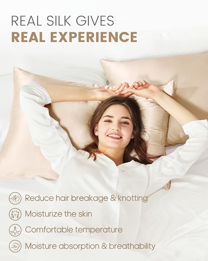 THXSILK 100% Mulberry Silk Pillowcase for Hair and Skin, Grade 6A+ Mulberry Silk Pillow Case, Hypoallergenic Pillow Case Cover with Zipper, 1pc (Queen 20"x30", Beige)