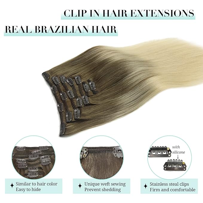 DOORES Human Hair Extensions, Ash Brown to Platinum Blonde 24 Inch 7pcs 120g, Remy Hair Extensions Clip in Human Hair Extensions For Women Clip in Natural Hair Extensions Thick Silky Straight