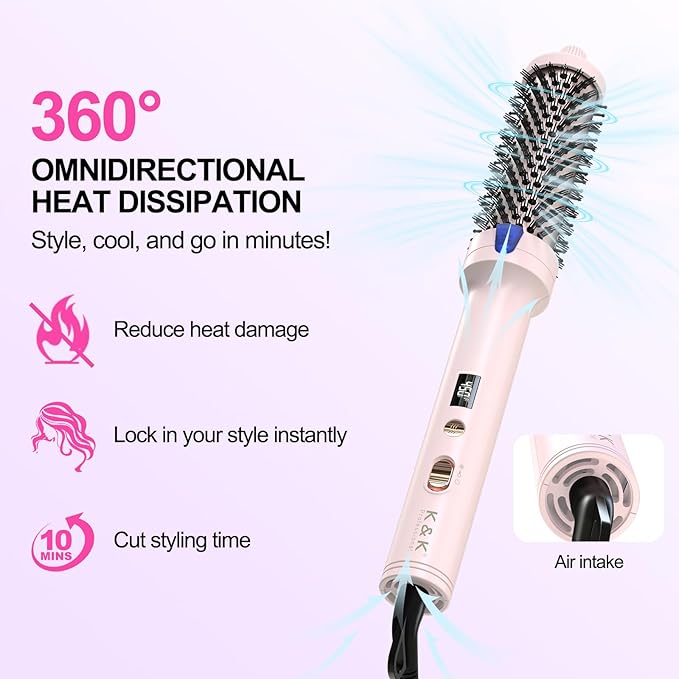 K&K 1.7 Inch Cool-AIR TECH Hair Styling Tool Bounce Brush, Heated Thermal Round Brush with Negative Ion Technology, Multiple Heat Settings for Blowout Look with Hair Care (Pink, 1.5 Inch)