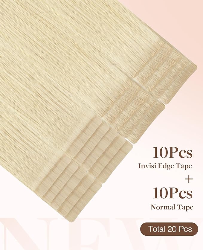GOO GOO Invisi Edge Tape in Hair Extensions Human Hair, 613R Bleach Blonde 10pcs injected with 10pcs classical tape ins, 22inch 50g, Virgin Remy Hair, Natural Look
