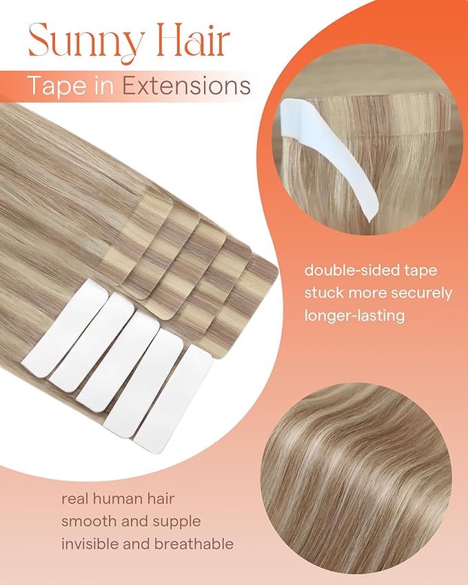 Sunny Hair Blonde Tape in Hair Extensions Human Hair Remy Hair Extensions Real Human Hair Tape in 22inch Human Hair Extensions Tape in 10Pcs 25g
