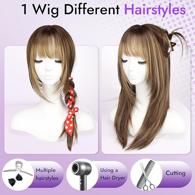 Wig with Bangs for Women Ash Blonde with Silver Highlights-Dark Roots Straight Face-Framing Layers Hairstyle 4x4 Realistic Scalp Glueless Synthetic Wigs Medium Length for Everyday Use