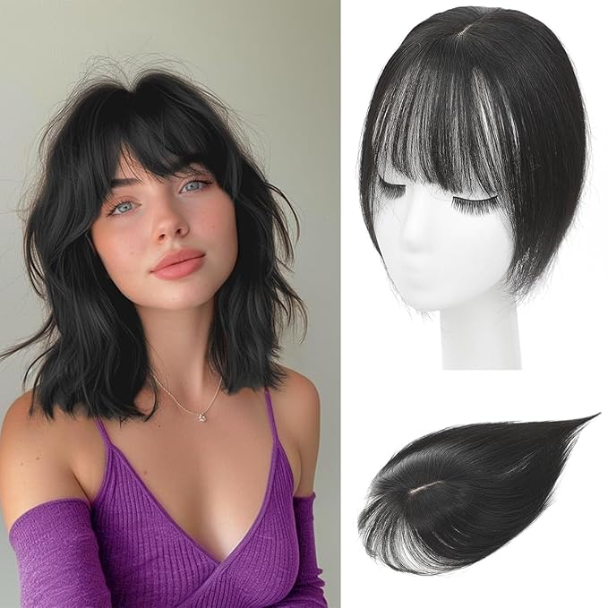 Hair Toppers for Women Real Human Hair, 360°3D Bangs Clip Human Toppers for Women with Thinning hair Realistic Scalp Line (Brown Black, 3D Wispy Bangs(11 * 7))