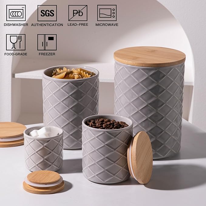 Sweejar Ceramic Canisters Sets for Kitchen Countertop, Relief Food Storage Jar with Bamboo Lid, Stackable Container for Flour, Coffee, Pasta, Cereal, Tea, Cookies, Sugar, Spices, Pack of 4 (Gray)