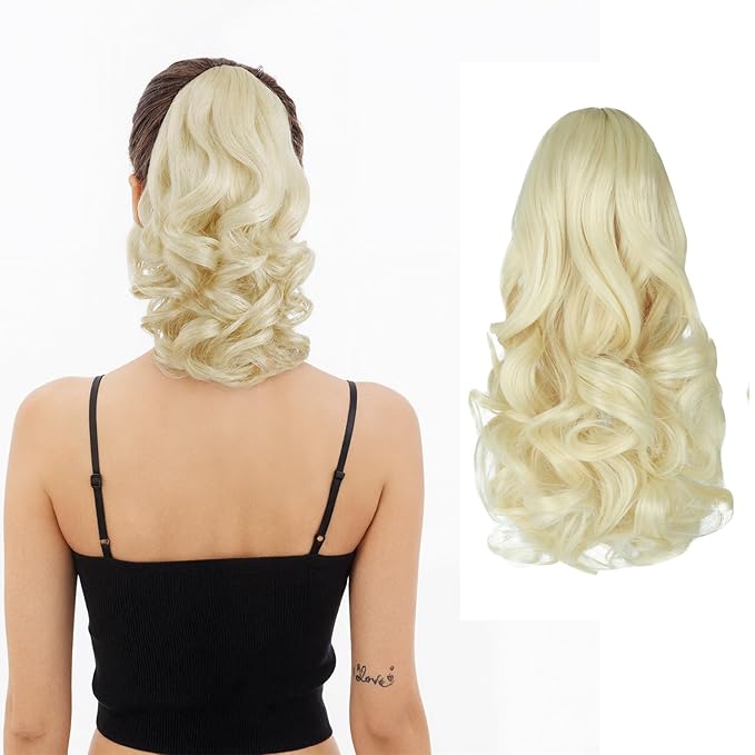 Ponytail Extension, Clip on Ponytails for Women, 12" Claw Clip in Short Curly Wavy Pony Hair Extension for Women - Bleach Blonde