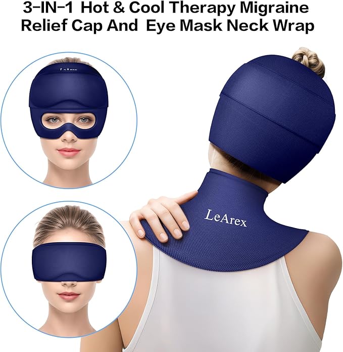 Migraine Relief Cap and Neck Ice Pack Wrap with Ice Eye Masks,3 in 1 Detachable Hot and Cold Therapy Headache Relief Cap for Headaches, Stiff Neck,Eye Fatigue, Tension and Pain Blue