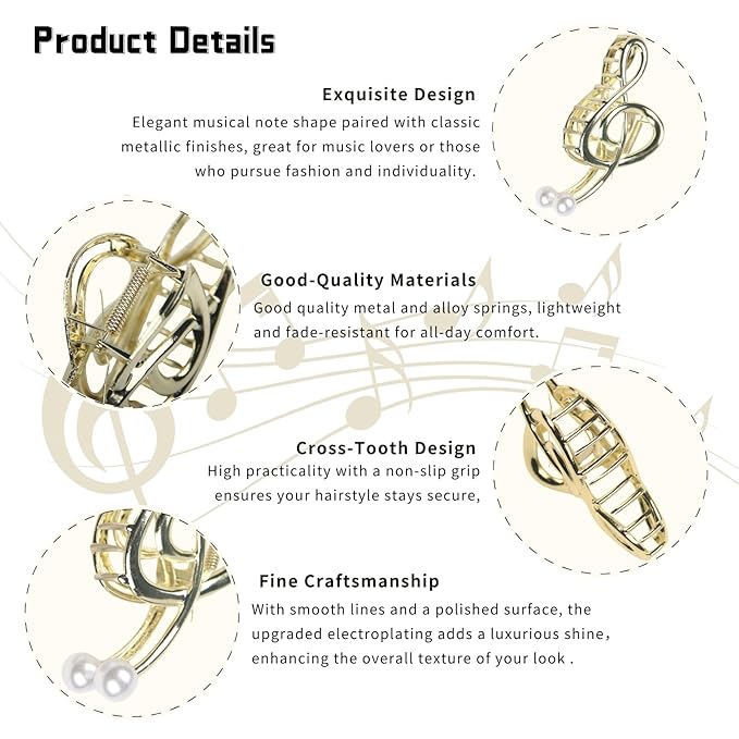 Music Note Hair Clips Large Metal Hair Claw Clip with Pearl Gold Musical Score Hair Claws Strong Hold Nonslip Hair Jaw Clip for Thin Thick Hair Stylish Hair Accessories for Women Girls