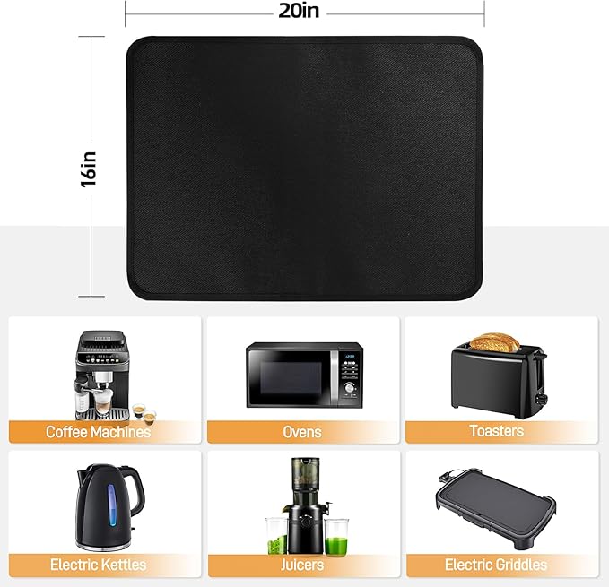 Heat Resistant Mat for Air Fryer, 16 x 20in Heat Resistant Mat for Countertop, Fireproof Silicone Countertop Protector Appliance Slider for Air Fryer, Coffee Maker, Toaster, Oven (Black)