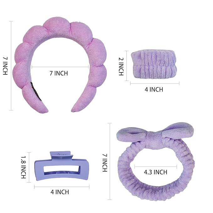 7 Pcs Spa Set, Facial Headband and Wristband Set, Skincare Accessories, College Style Girl Idea Gifts, Hair Accessories for Women and Girls (Purple)
