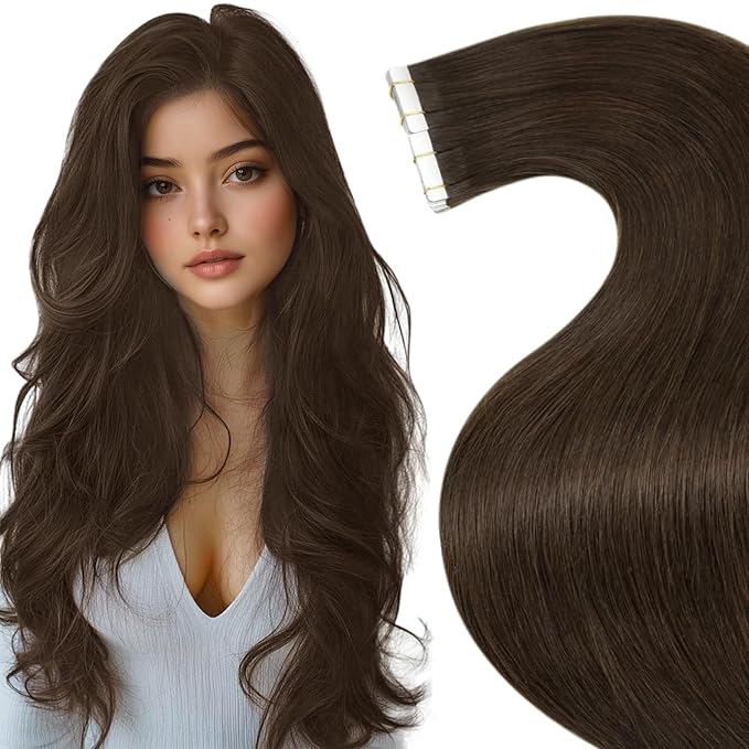LaaVoo Tape in Hair Extensions Brown Human Hair Tape in Extensions Dark Brown Hair Extensions Real Human Hair Tape in Silky Straight 20 Pieces 14 Inch 40g