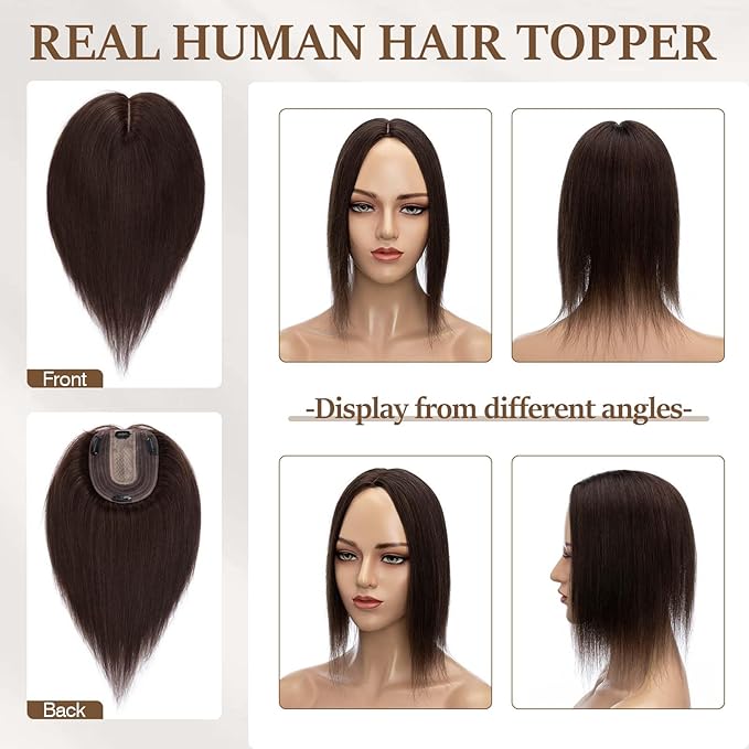 Rich Choices Hair Toppers for Women Real Human Hair 100% Human Remy Toppers NO Bangs for Women with Thinning on Top Clip in Hairpiece 4"x4.7"Lace Base 14 Inch #2 Dark Brown
