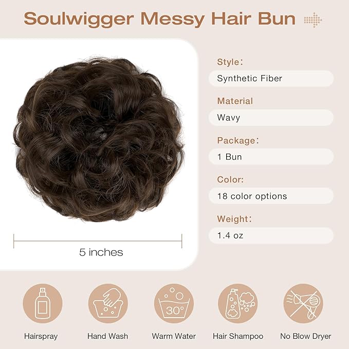 Messy Bun Hair Piece Wavy Curly Scrunchies Fluffy Donut Thick Updo Elegant Chignon Hairpieces for Women Girls, Medium Brown 1.4oz