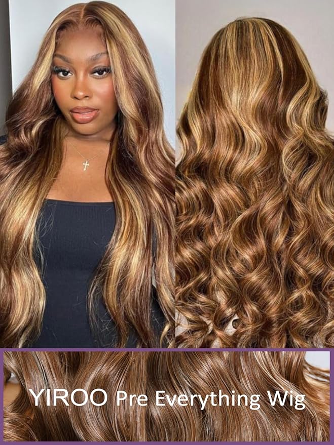 YIROO Pre Everything Wig Honey Blonde 13X4 Pre Cut Lace Front Glueless Human Hair Wigs Body Wave Brown Blonde Highlight Ombre Pre Bleached Invisible Bye Bye Knots Wig Pre Plucked 150% Density 18Inch